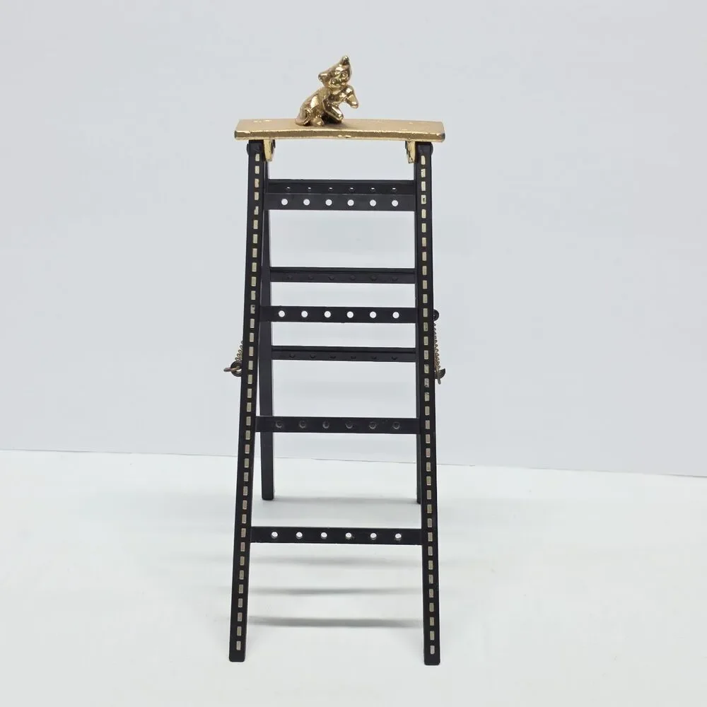 Vintage Jameco Gold Tone Kitten Cat Black Ladder Earrings Holder Stand Organizer